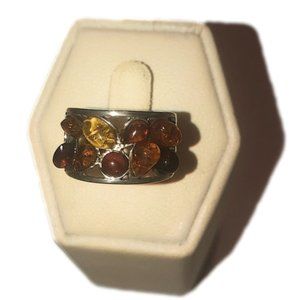 VTG Sterling &Amber Multi Colour Stone Wide Band  Ring Approx Sz 5.5